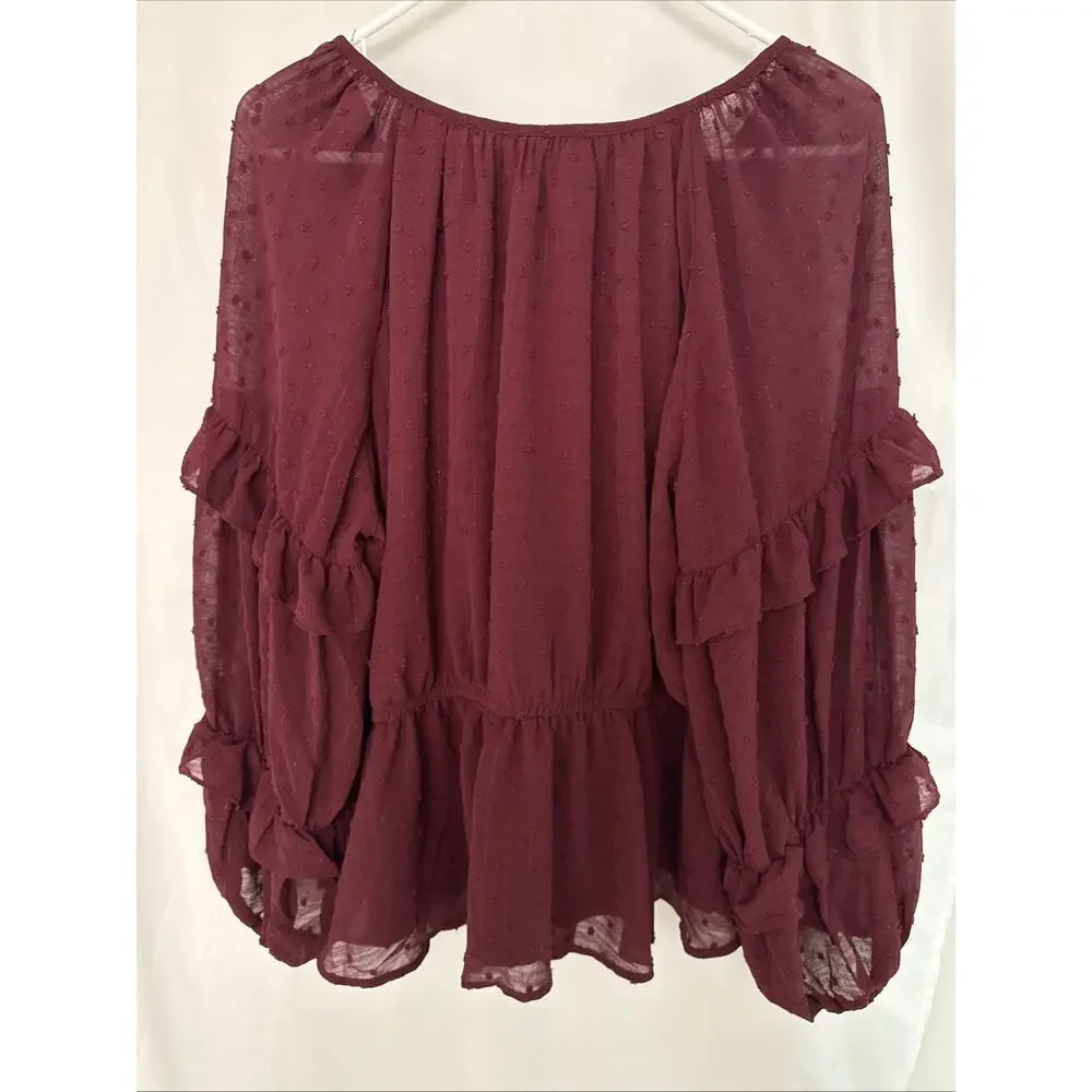 Maurices Blouse Womens XL Burgundy Lined Sheer Pullover Long Ruffle Sleeves NWT